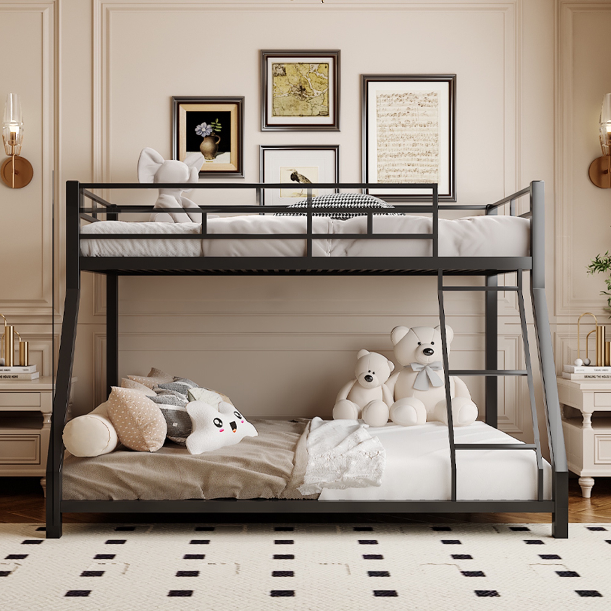 Netrum Bunk Beds Twin over Full,Twin over Full Bunk Bed with Ladder & Guardrail,Heavy Duty Metal Full Size Bunk Beds Frame for Adults Bedroom,Dorm,Guest Room,Black