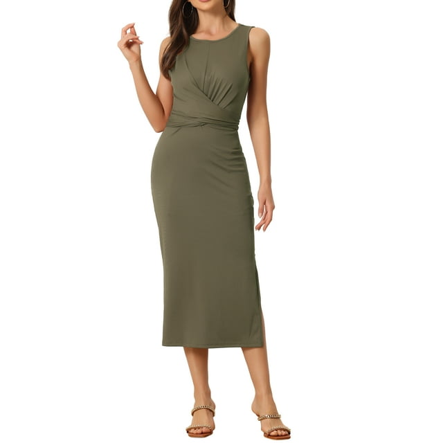 INSPIRE CHIC Robe Midi Sans Manches Décontractée pour Femmes, Taille Croisée, Vert Armée TP
