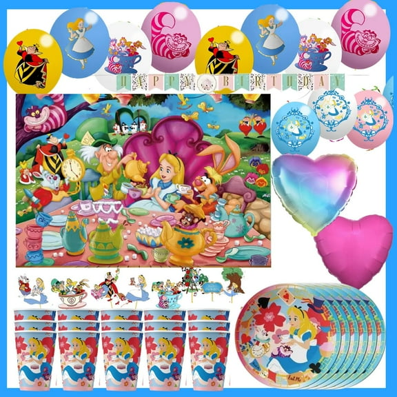 Alice in Wonderland Birthday Decoration Kit with balloons 63-Piece Set! 16 Guest