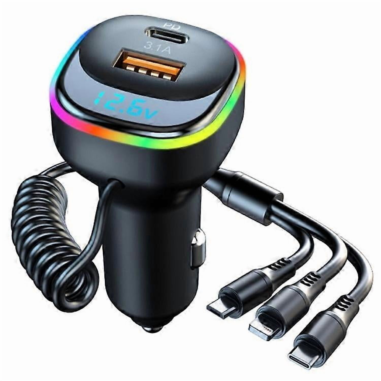 compatible K2 Car Charger Voltage Digital Display PD Intelligent 3-in-1 Elastic Charging Cable Car Charger Adapter with 7 Color Ambient Light_Perfect Gift