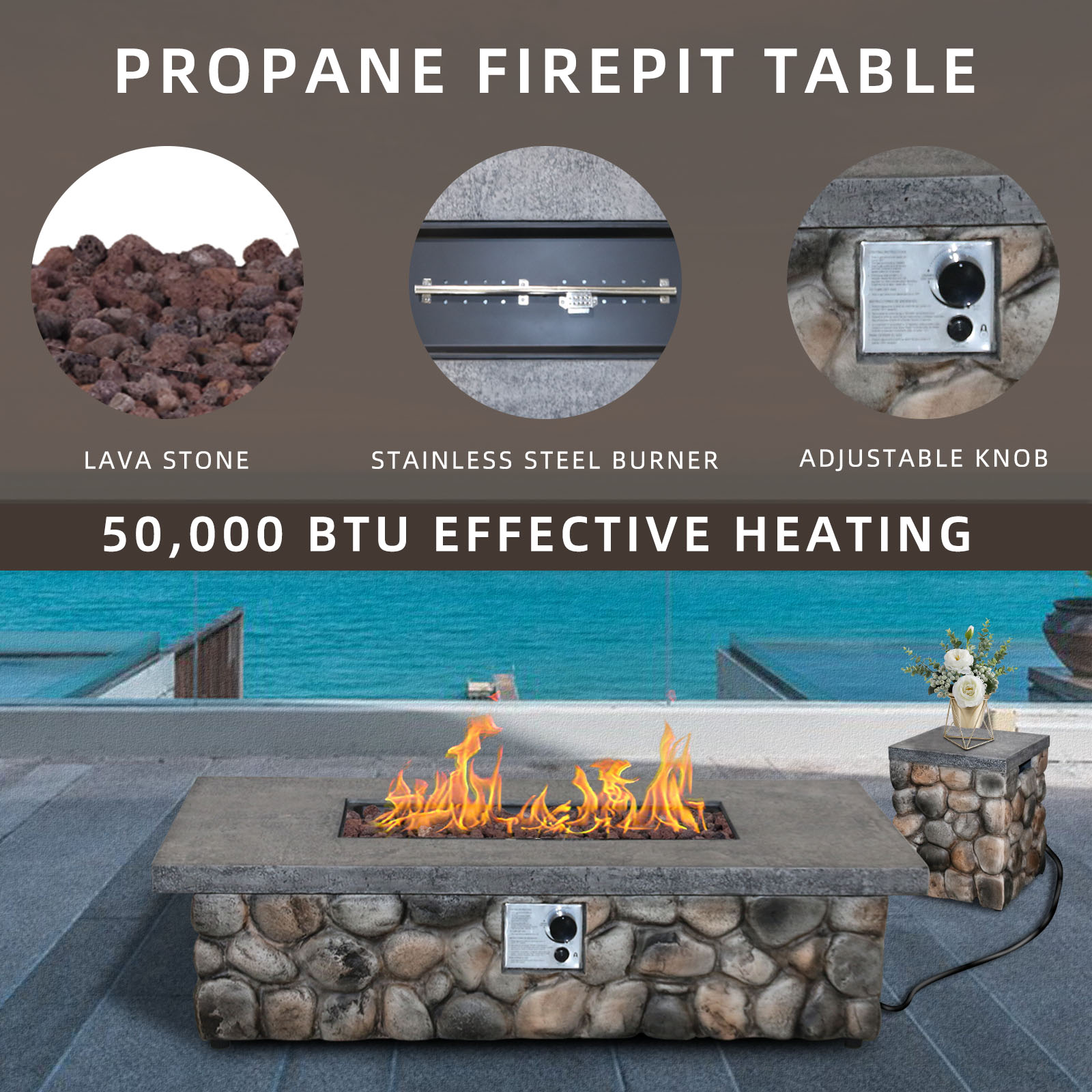 Afterglow Firepits All Terrafab External Gas Tank for Outdoor Use Rectangular 50000 Btu, Gray
