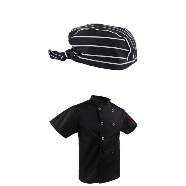 Chaqueta de Cocinero con Gorro Accesorios de Hogar Comedor Jardín Negro M Sunnimix Abrigo y gorra de chef con lazo en la espalda