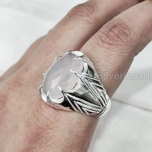 Rose Quartz Mans Ring, Natural Rose Quartz ring, Silver Jewelry, 925 Silver Ring, Birthday Gift, Heavy Mens Ring, Arabic Design, Ottoman Style Ring, Christmas, Turkey Mens Signet Ring