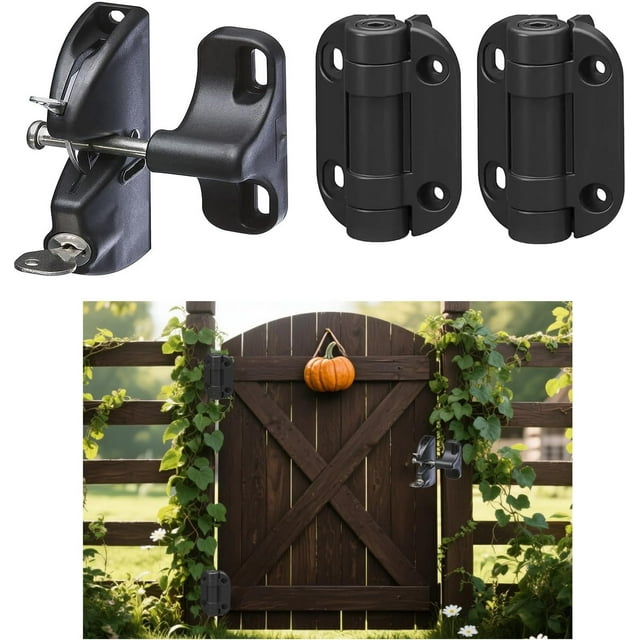 Double-Sided Automatic Locking Gate Latch with 2pcs Adjustable Tension Hinges,Loquet Porte Piscine Key Lockable Fence Lock for Child & Pet Secure,Pool Garden Yard Lock for Wood Metal Gates