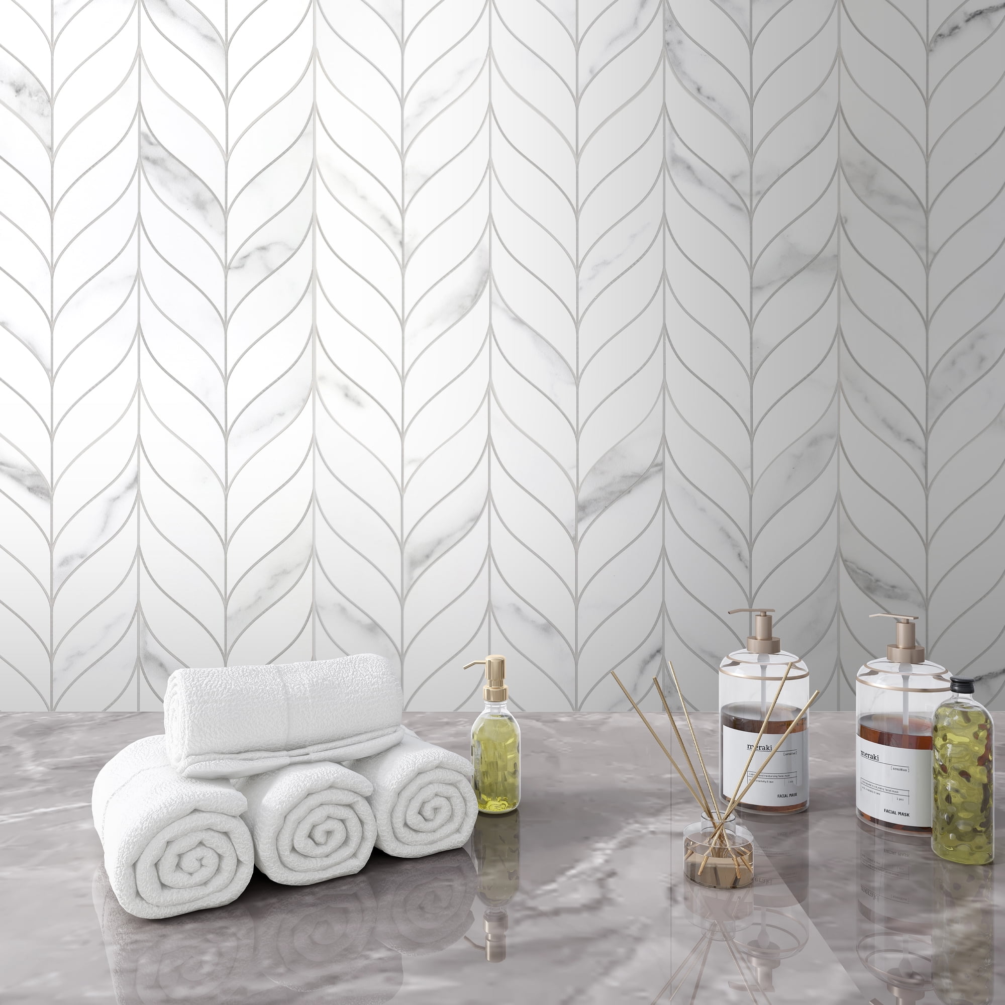 SUNWINGS 10-Sheet Peel and Stick Leaf Waterjet Backsplash Self Adhesive Tiles White Marble Wall Panels Stick on Backsplash for Kitchen, Bathroom, Fireplace