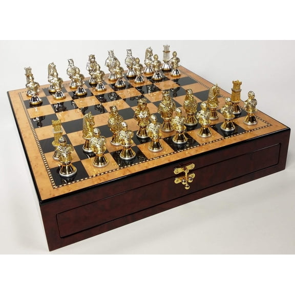METAL Medieval Times Crusades Gold Silver Busts Chess Set Walnut Color Storage