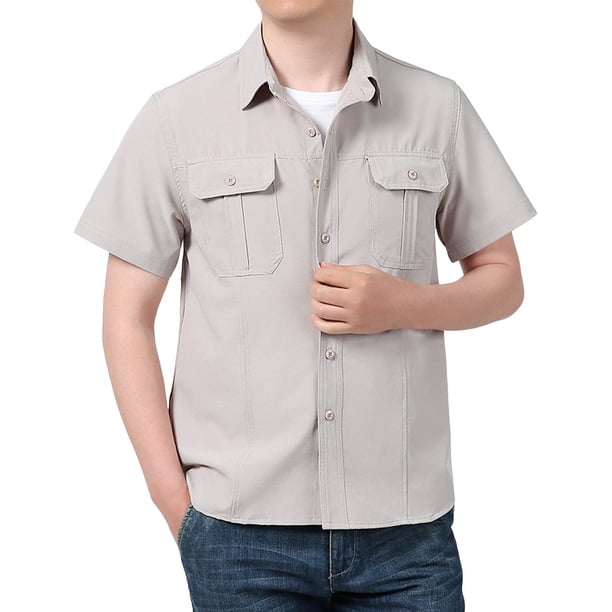 Camisa de manga corta para hombre - Informal, holgada, lisa - Ropa de trabajo de secado rápido - Verano - Bolsillos utilitarios - Poliéster