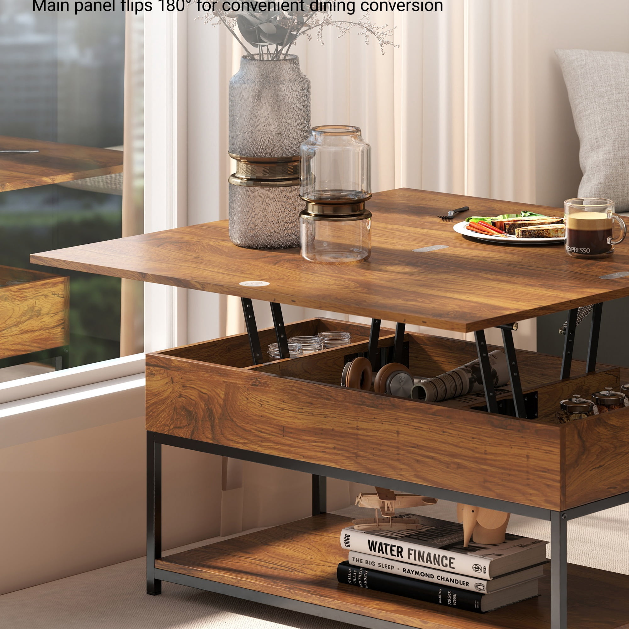 Manxile Lift Top Coffee Table with Storage for Living Room, Farmhouse Coffee Table with Lift Top, Red Oak Finish