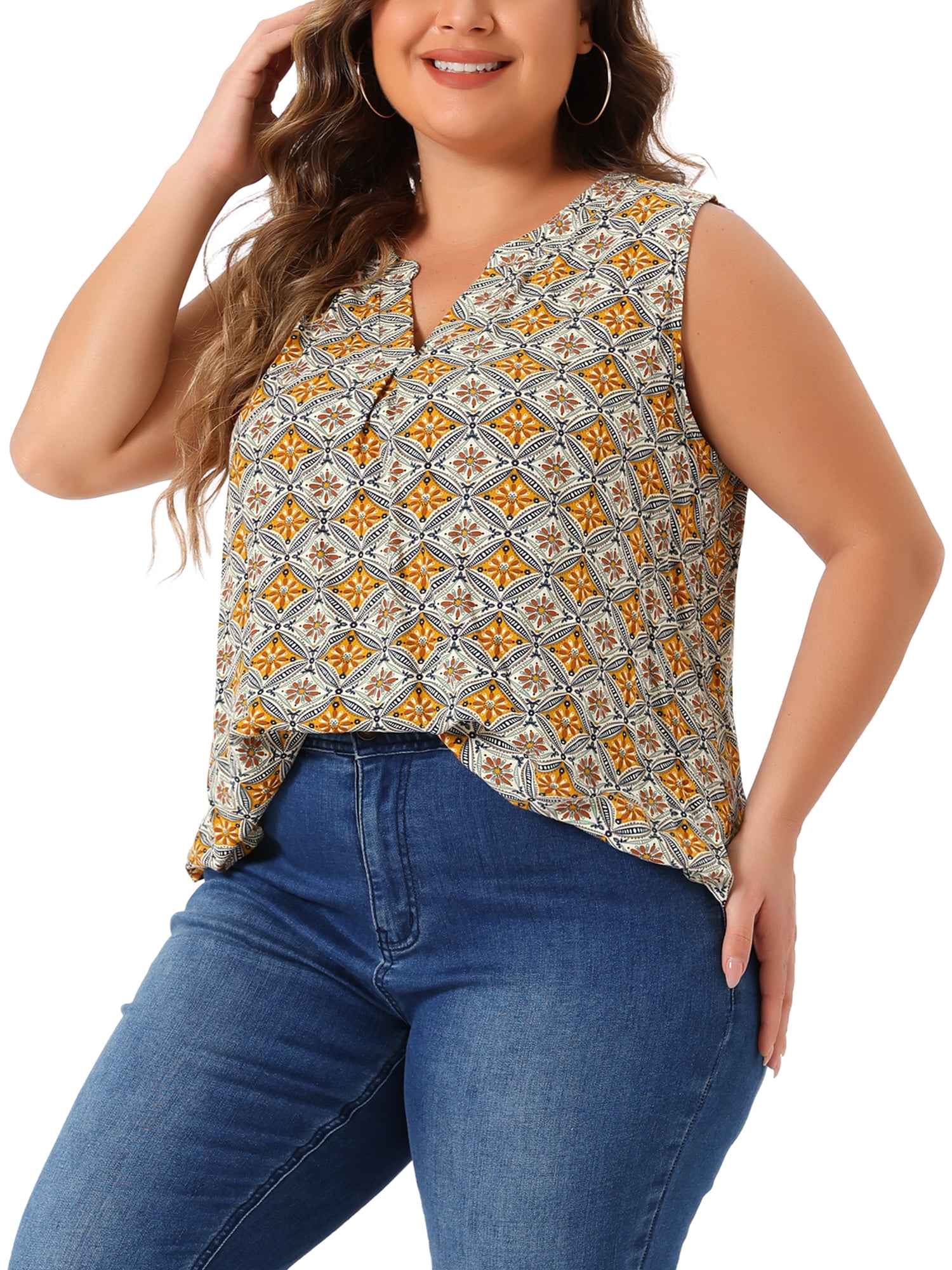 DARING DIVA Women's Plus Sleeveless Floral Print V Neck Tank Top 3X Beige