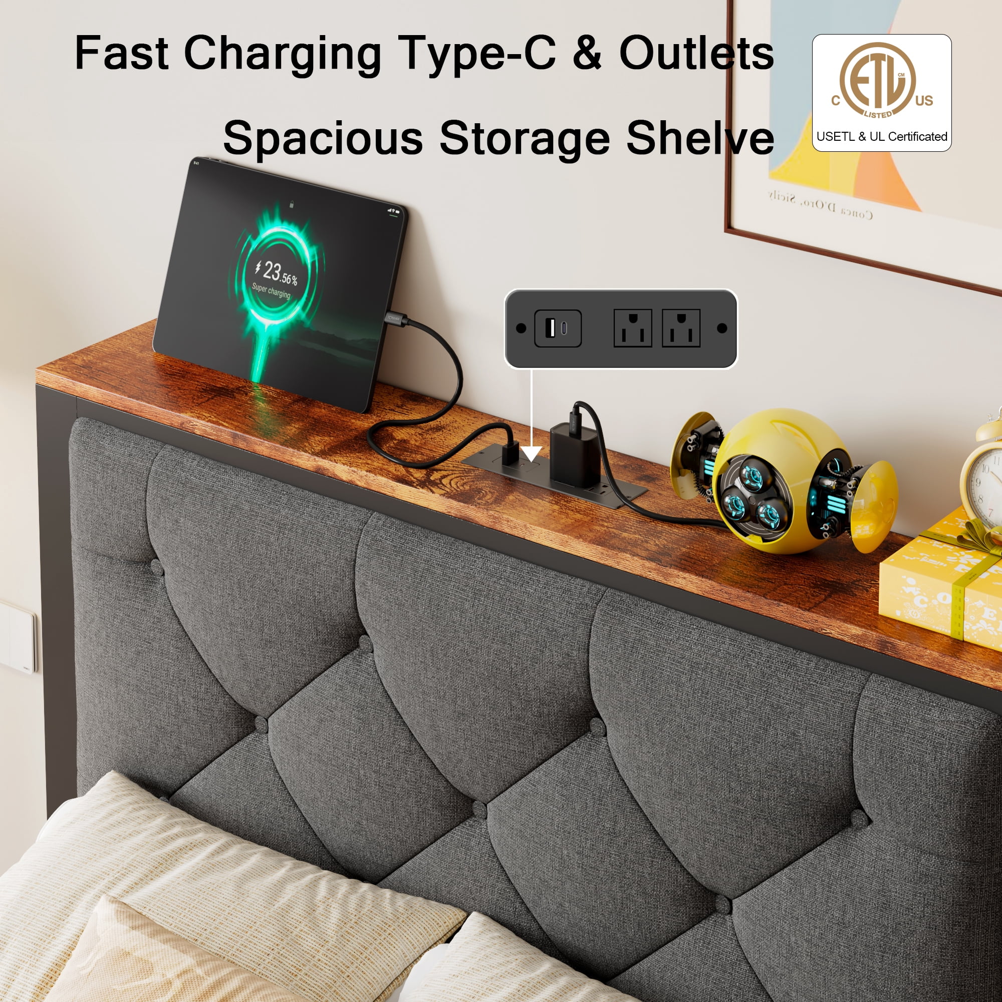 Virans Twin Size Bed Frame with Storage Drawers, Linen Upholstered Platform Bed with Charging & Storage Headboard, Metal Slat Support, No Box Spring Required, Noise Free, Easy Assembly,Gray