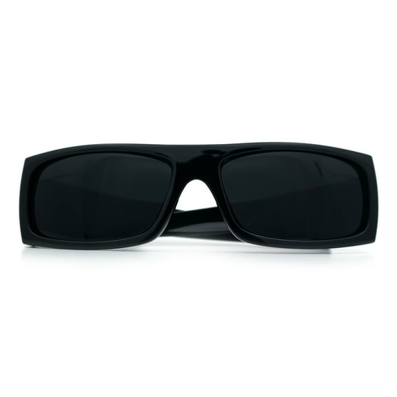 Arrow Pierced Heart Logo 90s Rectangular Wrap Around Biker Plastic Sunglasses Shiny Black