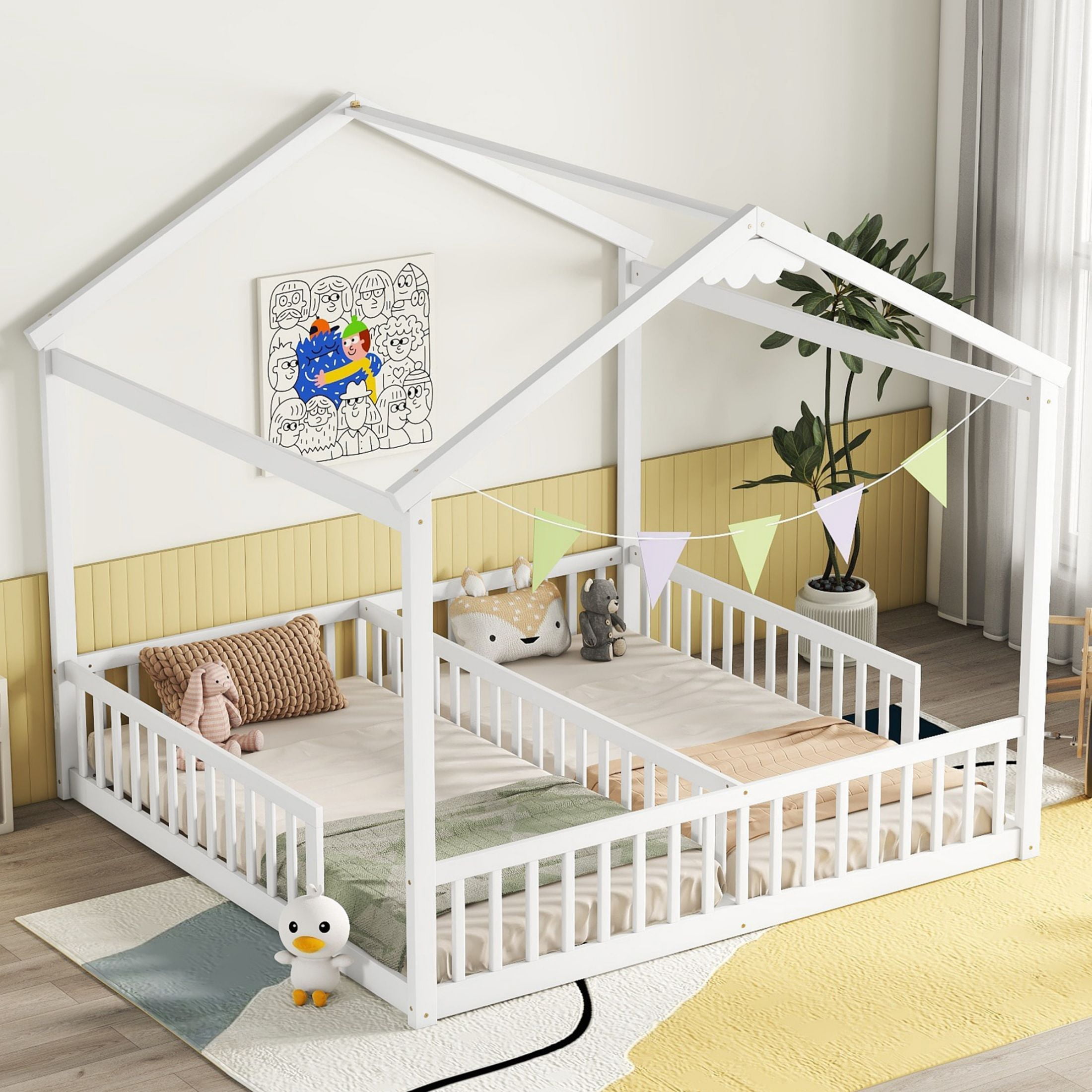 Aukfa Double Twin Bed Frame for 2 Kids Toddlers, Two House Bed with Fence, Two Shared Beds, White