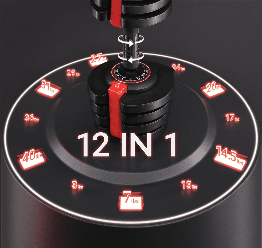 Renwick12-in-1 Quick-Adjust Dumbbell Weights, Black, 3-40 lb