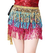 Sequined Fringed 4-Layers Drawstring Closure Belly Dance Waist Chain Skirt Hip Scarf Latin Skirt,lightgold