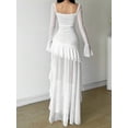 thumbnail image 2 of White Fitted Square Neck Long Sleeve Ruched High-Low Mesh Dress With Asymmetric Tiered Hem, 2 of 5