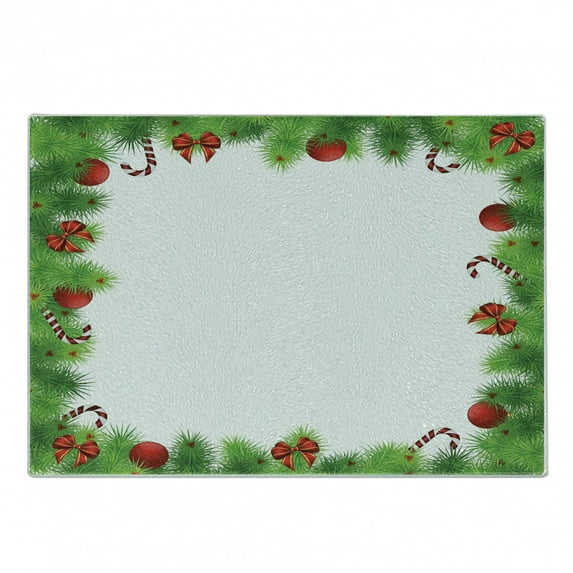 Christmas Cutting Board, Green Pine Needles with Red Bows and Baubles Festoon Design Natural Image, Decorative Tempered Glass Cutting and Serving Board, Small Size, Green Red White, by Ambesonne