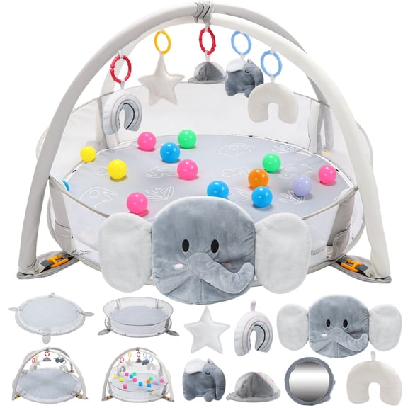 JoyStone 5-in-1 Elephant Baby Gym Play Mat with 30 Balls, Tummy Time Toys, Sensory Mat for Infants 0-12 Months