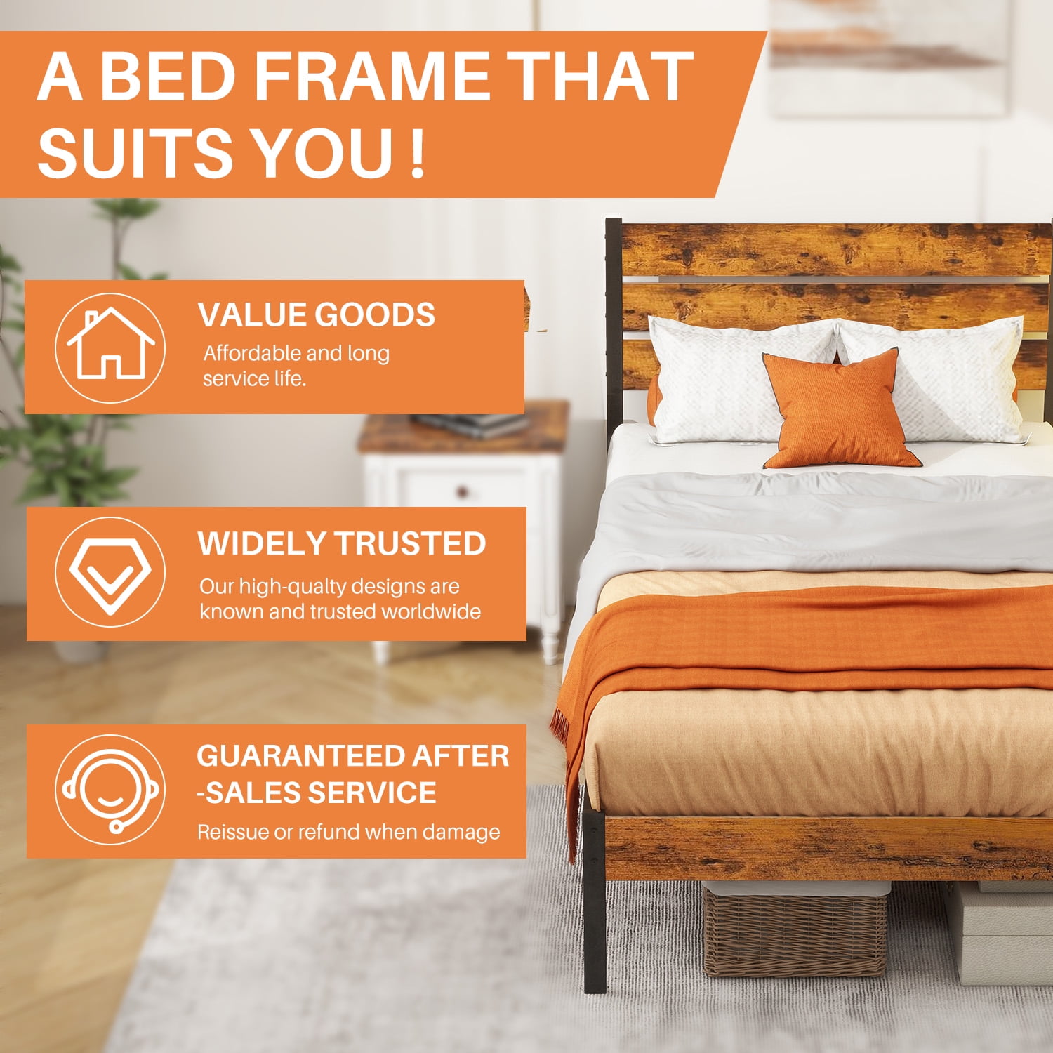Twin Bed Frame, Mattress Foundation with Headboard, No Box Spring Needed, 700LBS Sturdy Metal Slats Support, Noise Free