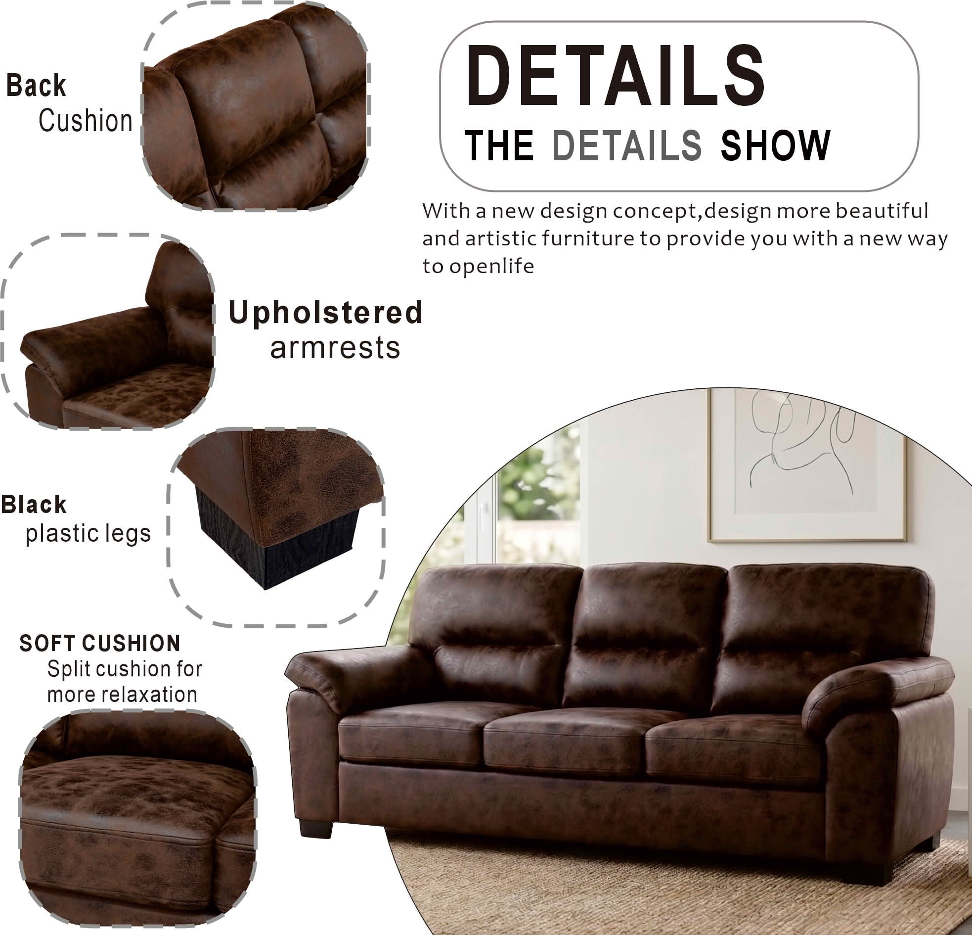 MAYEERTY 81 Inch Modern 3‑Seater Upholstered Sofa, Comfy Couch with Padded Armrests, Black Legs for Living Room