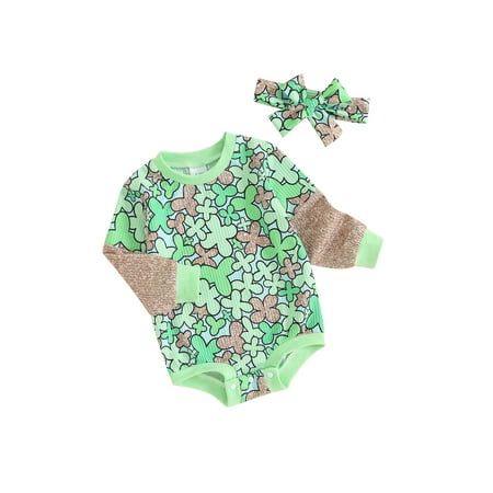 

Co.MMehjri Baby Girls Irish Day Romper 3 6 12 18 Months Infant Clothes Long Sleeve Crew Neck Four Leaf Clover Print Romper with Headband