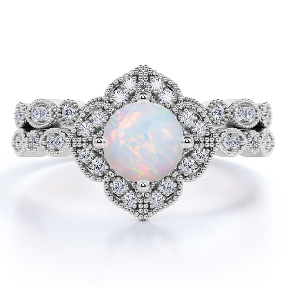 JeenMata 1.75 ct Vintage Round Blue Opal and Moissanite Bridal Ring Set in 18K White Gold over Silver