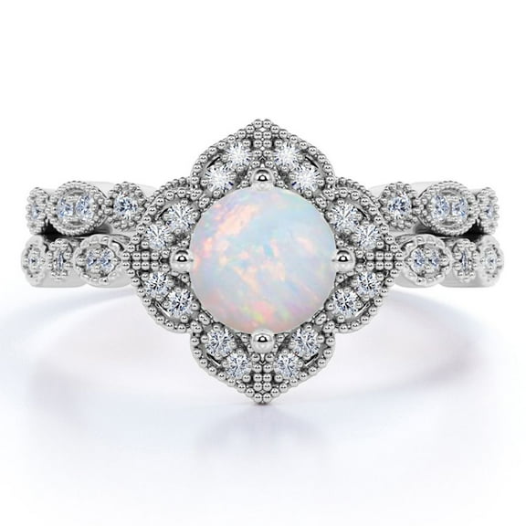 JeenMata 1.75 ct Vintage Round Blue Opal and Moissanite Bridal Ring Set in 18K White Gold over Silver