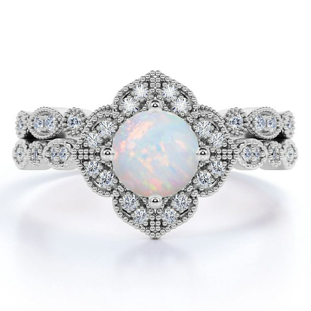 1.75 ct Vintage Round Blue Fire Opal and Moissanite Bridal Ring Set in ...