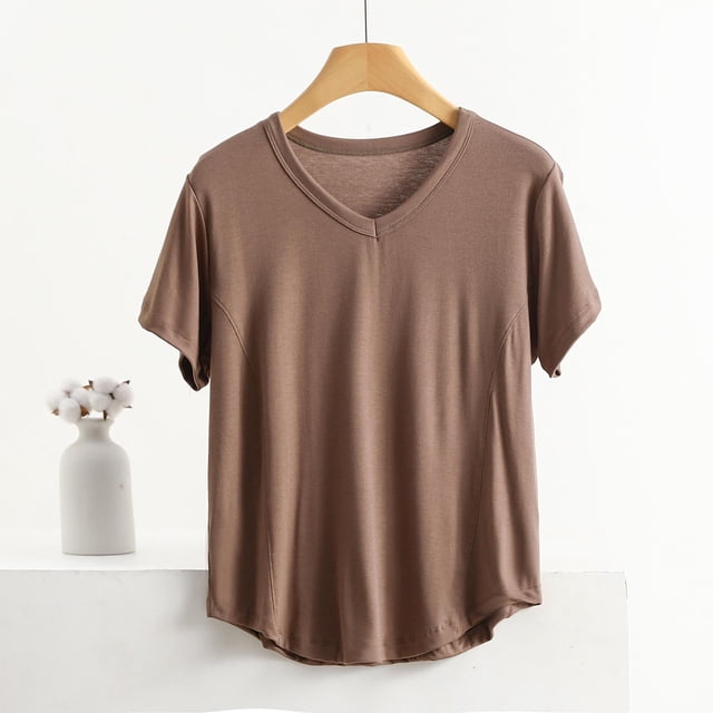Pijama de manga corta para mujer, color liso, manga corta, camiseta fina, pijama de manga corta, blusa de poliéster
