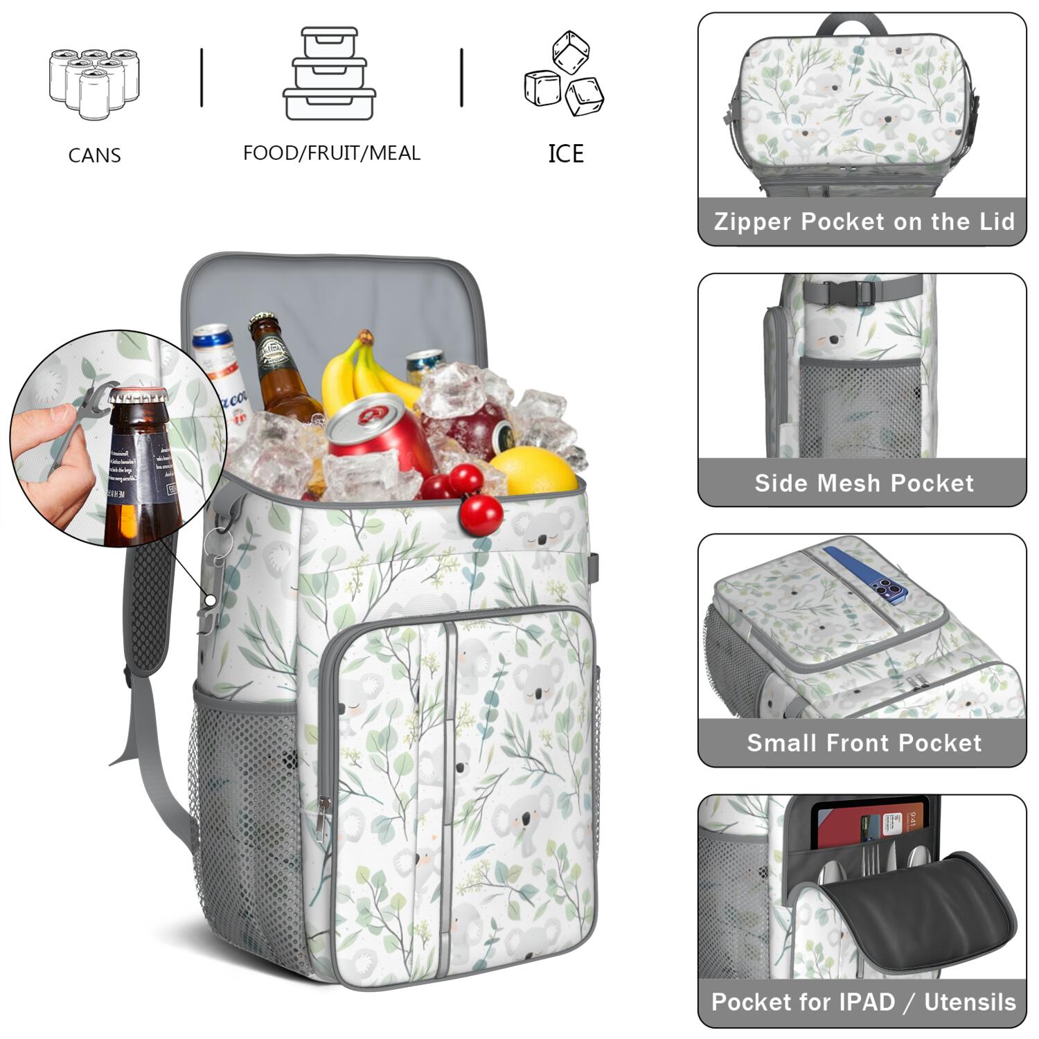 Travel Cooler Bag - Pioneer Flower Floral Print Pattern Camping Beer Cooler Backpack with Bottle Opener- Waterproof Insulated Picnic Backpacks - Cooler Bag for Beach