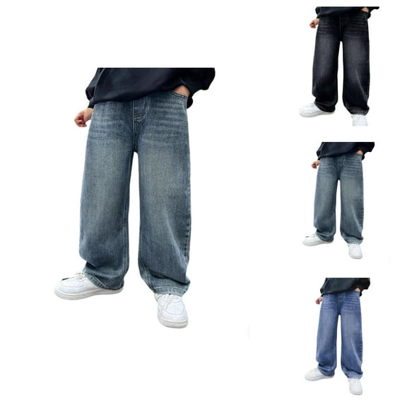 Boys Baggy Jeans Y2k Skater Vintage Plain Pants Casual Wide Leg Loose Fit Denim Hop Jean