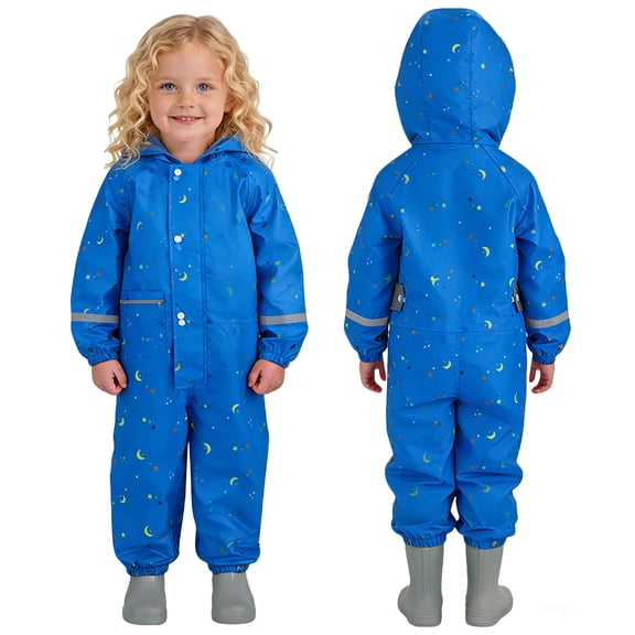 Toddler Kids One Piece Waterproof Rain Suit - Hooded Full Body Coverall with Zipper & Cartoon Print,Raincoat for Boys & Girls Ages 1-8 Years