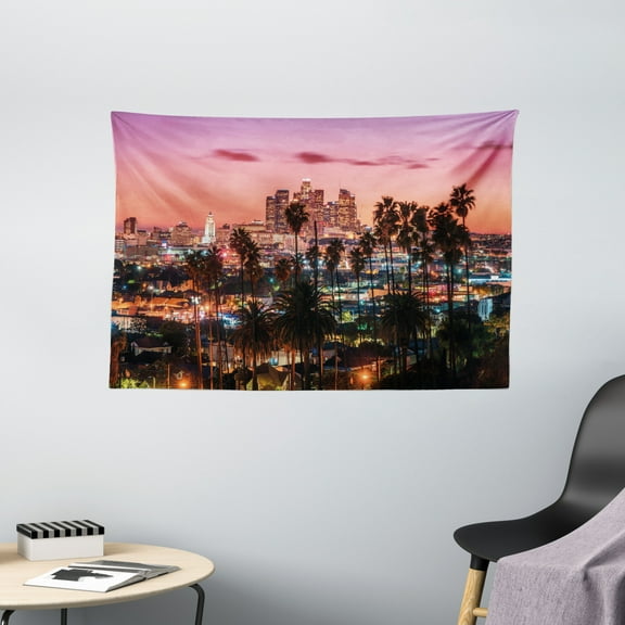 United States Tapestry, Vibrant Sunset Twilight Scenery Los Angeles Famous Downtown with Palm Trees, Wall Hanging for Bedroom Living Room Dorm Decor, 60W X 40L Inches, Multicolor, by Ambesonne