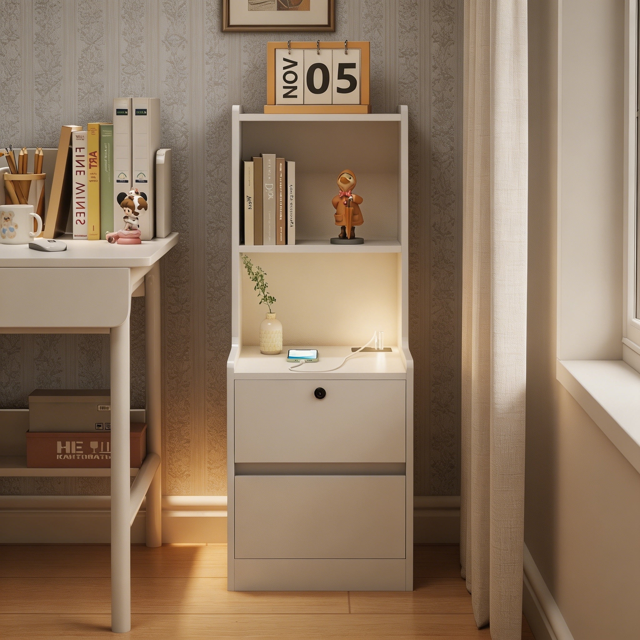 ANPPORT Modern White Smart Nightstands With Charging Station - Set Of 2