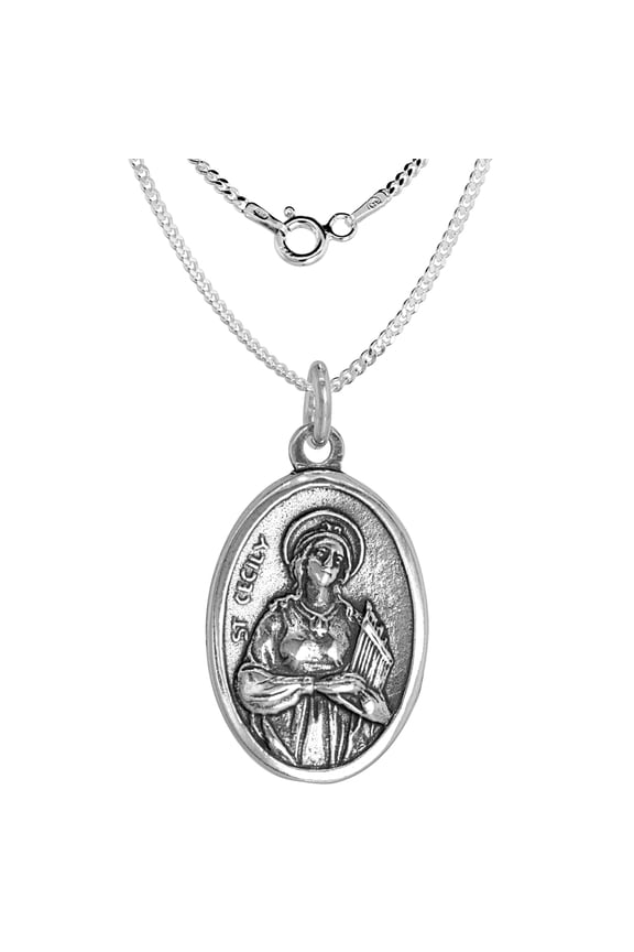 Sterling Silver St Cecily Medal Necklace Oval 16 inch 1.8mm Chain