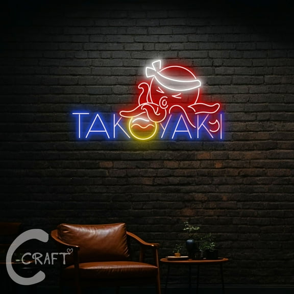C-CRAFT Squid Takoyaki Neon Sign LED Light 23 inch for Japanese Takoyaki Restaurant Wall Art Decor