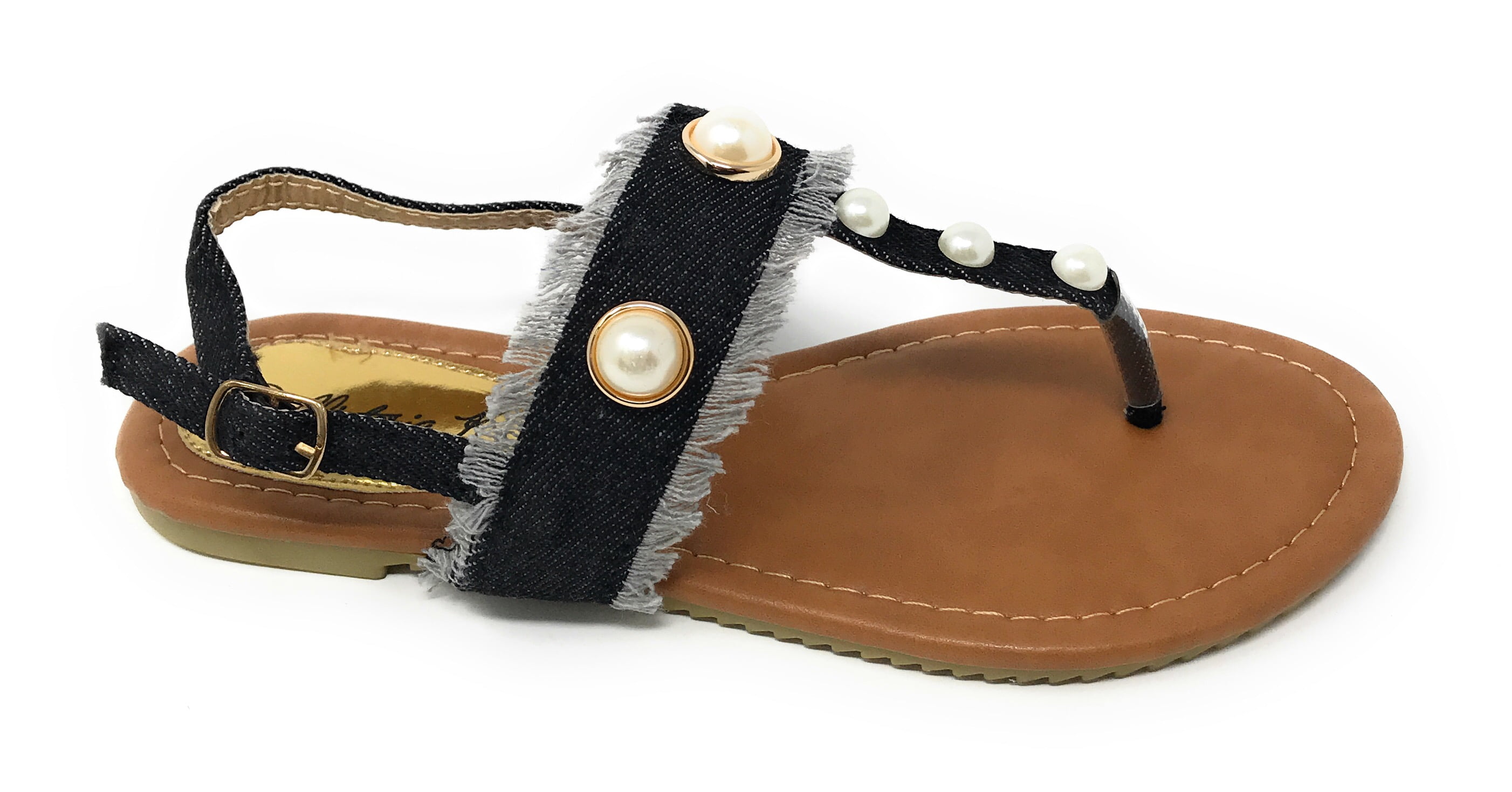 Victoria K Women's Fringed Denim With Pearl Studs Sandals