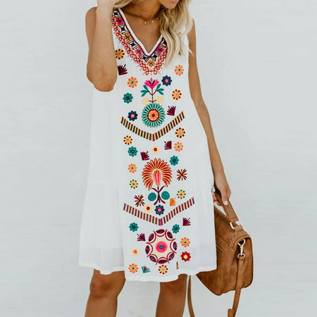 Plus Size Womens Summer Boho Sundress Sleeveless Floral Beach Short Mini Dress Tops White