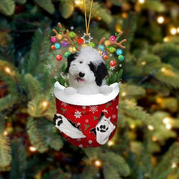 Acrylic 2D FLAT - Sheepadoodle In Snow Pocket Christmas Ornament Flat Acrylic Dog Ornament - Holiday Tree Decoration