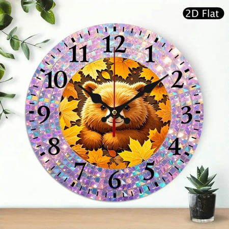 Cute Brown Bear Cub Autumn Leaves Wall Clock, Whimsical Fall Maple Leaf Decorative Round Wall Clock photo Cute Brown Bear Cub Autumn Leaves Wall Clock, Whimsical Fall Maple Leaf Decorative Round Wall Clock