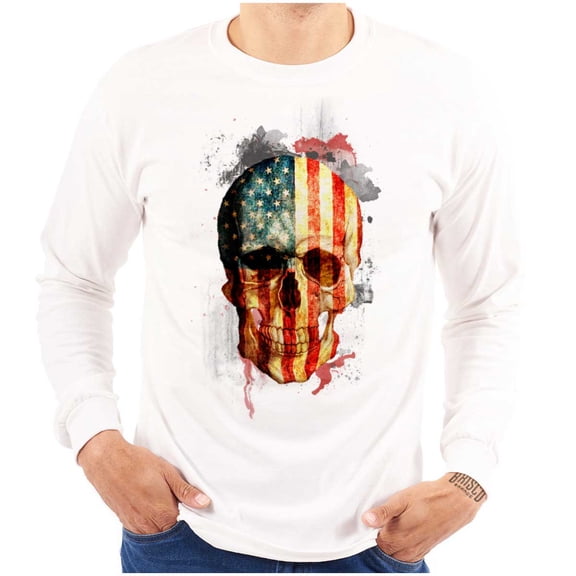 American Flag Skull Cool Patriotic Plus Size Long Sleeve Graphic Tee Shirt Brisco Brands 2X
