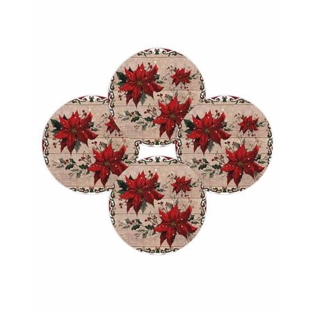 Christmas Round Placemats Set of 4 Red Poinsettia Flower Place Mats Washable Woven Placemat Berry Holly Floral Wood Circle Braided Table Mat for Kitchen Dining Table Party Home Decor 15 Inch
