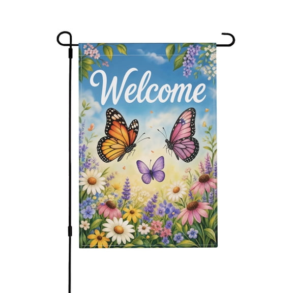 Welcome Garden Flag with Colorful Butterflies & Flowers 12x18 Inch Decor