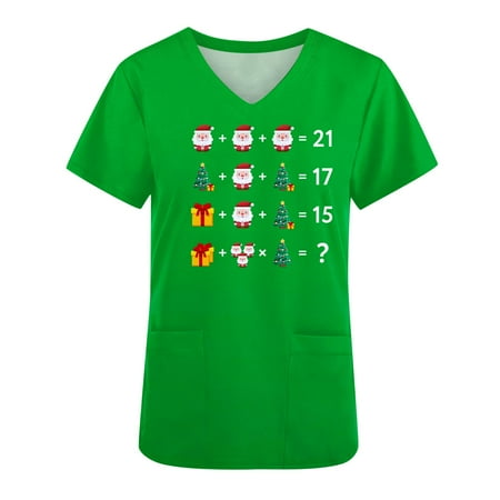 Hfyihgf Scrubs Top Workwear for Women Short Sleeve Summer Christmas Print Workwear Tops V Neck Casual Holiday Nursing Tops with Pockets Green XL