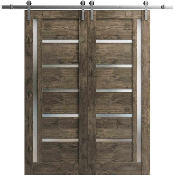 Sturdy Double Barn Door 56 x 80 inches | Quadro 4088 Cognac Oak with Frosted Glass | 13FT Rail Hangers Heavy Set | Solid Panel Interior Doors