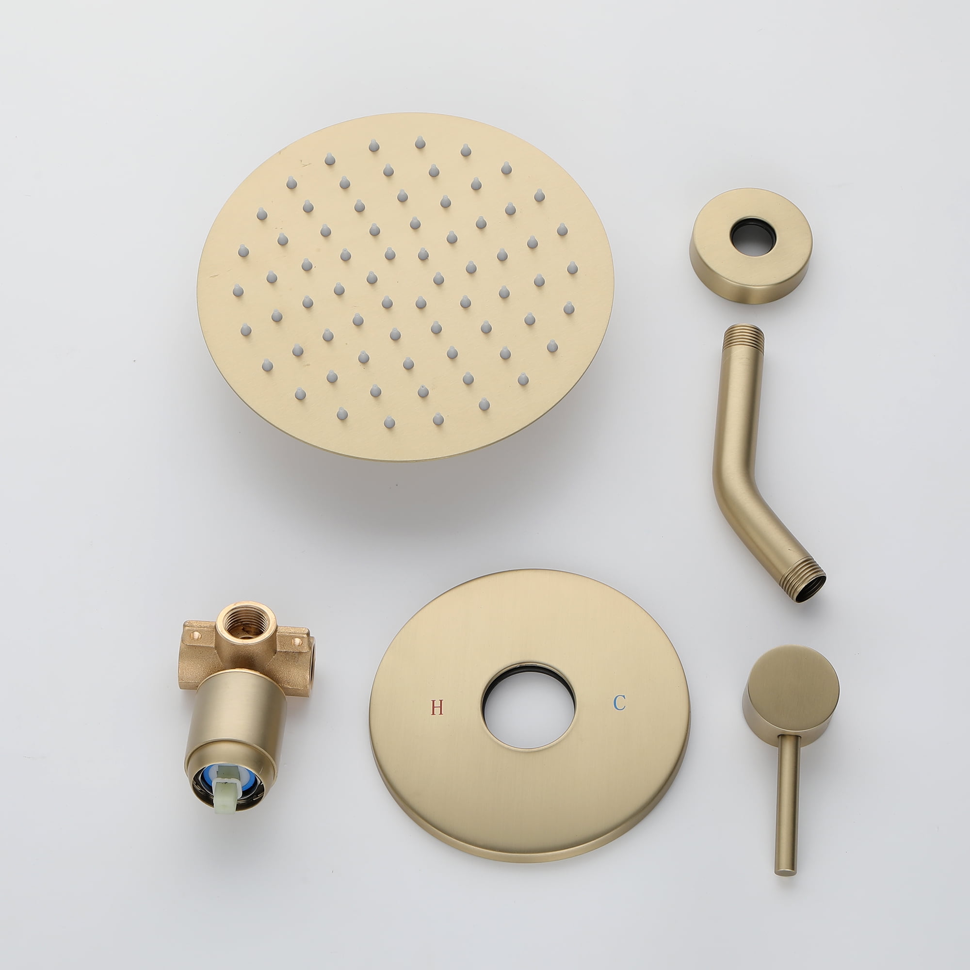 8-Inch Stainless steel/Brass Round Rainfall Showerhead with Ceramic Faucet Control Valve, 6.7 Inch Extension Arm, Wall mounted Head Shower-Golden Brushed(Without Hand shower)