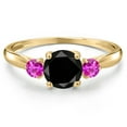 thumbnail image 3 of Gem Stone King 10K Yellow Gold Black Diamond and Pink Sapphire 3-Stone Ring for Women | 1.32 Cttw | Round 6MM | Gemstone April Birthstone | Size 5, 3 of 6
