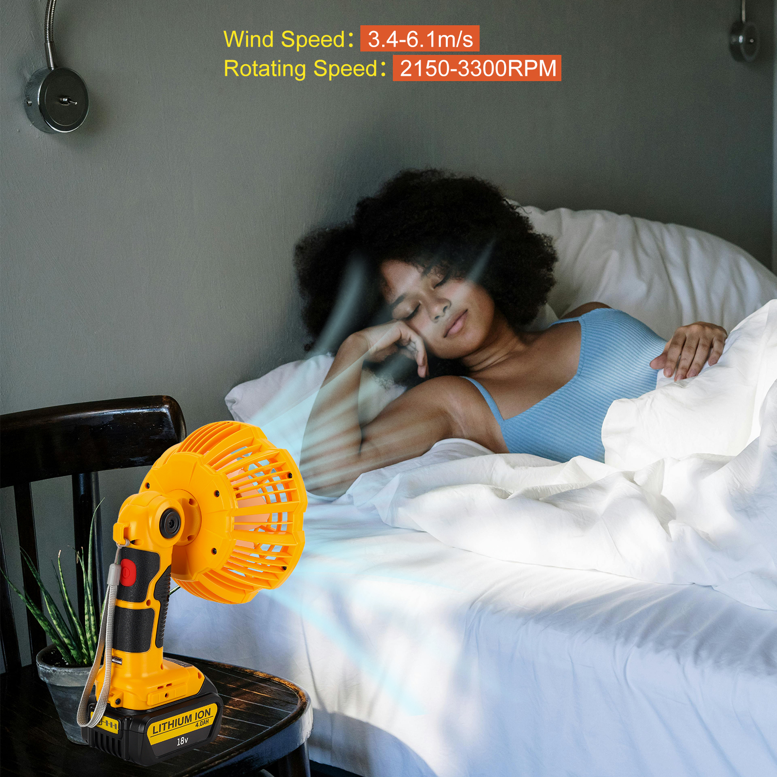 Outdoor Portable Camping Fan with Light,for Tent Hiking Fishing Travel, 3 Modes Brightness and Wind Speed, Powered by Dewalt 18V/20V Li-ion Battery BCD606 DCB205 DCB609 DCB204etc.