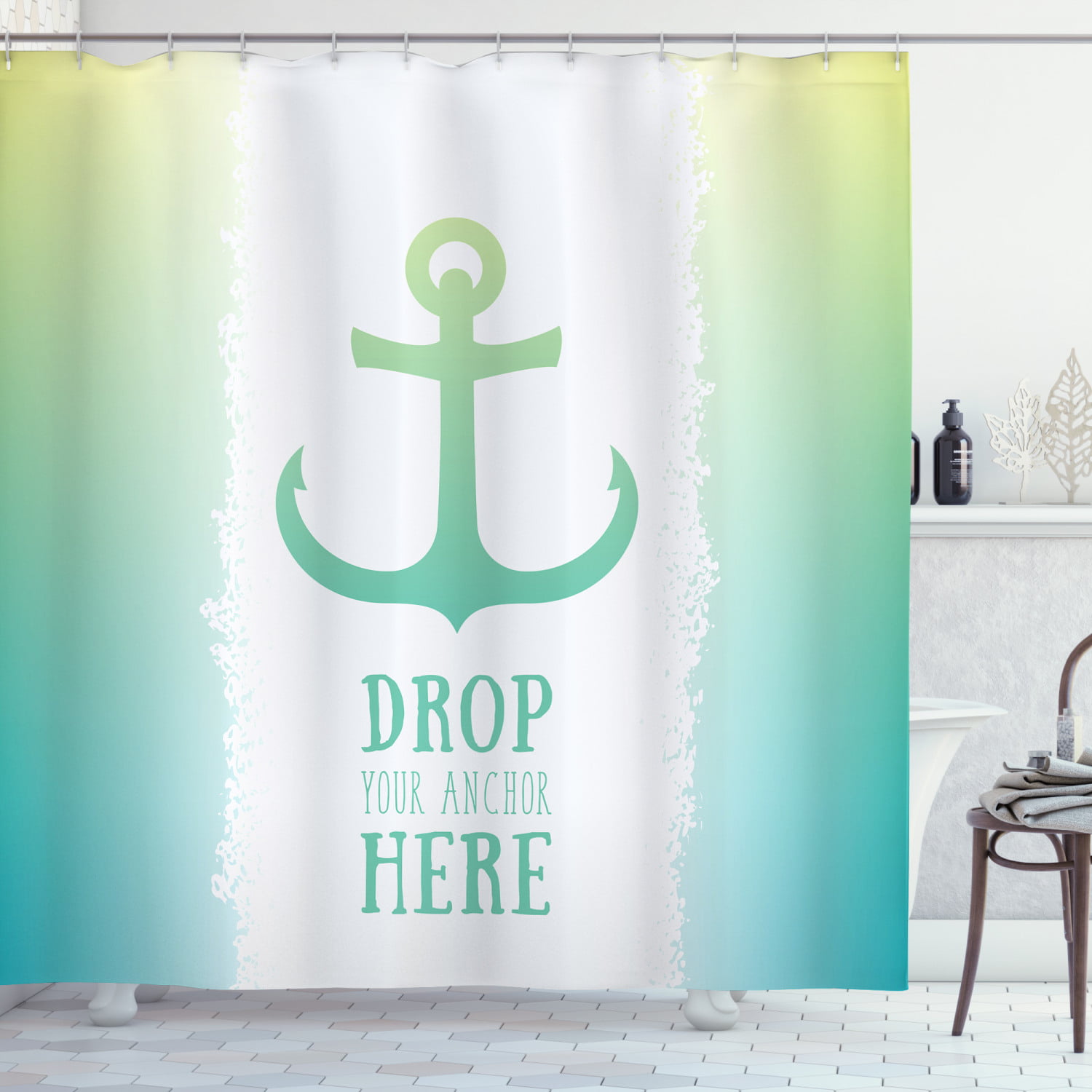3D Print Bathroom Nautical Navy Anchor Fabric Shower Curtain with 12 Hooks 72x78 