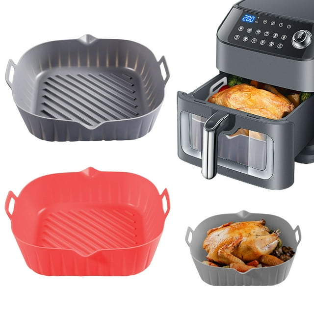 Luniquz 2 Pack Doublure Carrée Réutilisable pour Friteuse à Air Chaud en Silicone de Qualité Alimentaire Accessoires pour Friteuse à Air (Rouge&Gris)