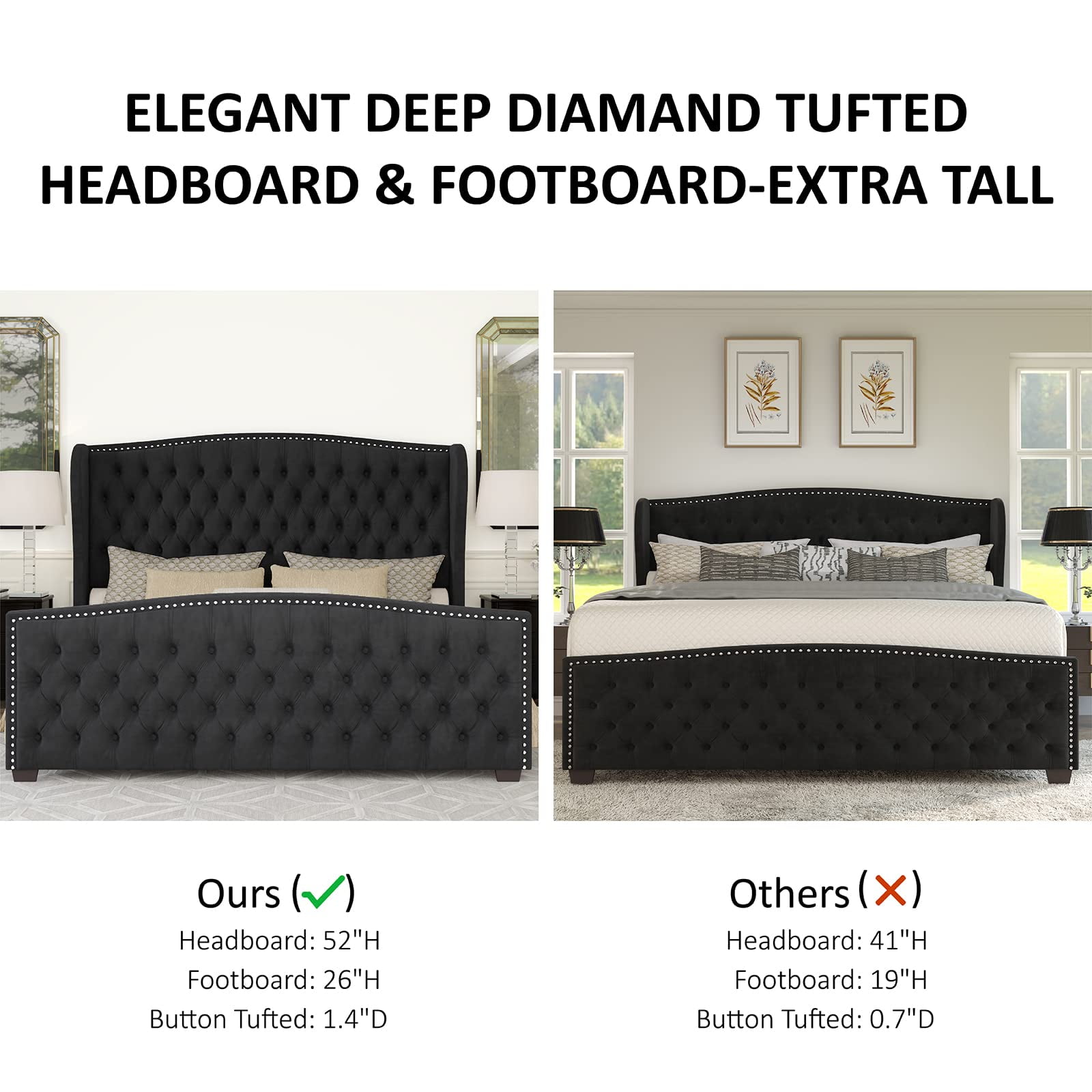 VanAcc Queen Size Bed Frame, Velvet Upholstered Bed with Deep Button Tufted Wingback Headboard, Black